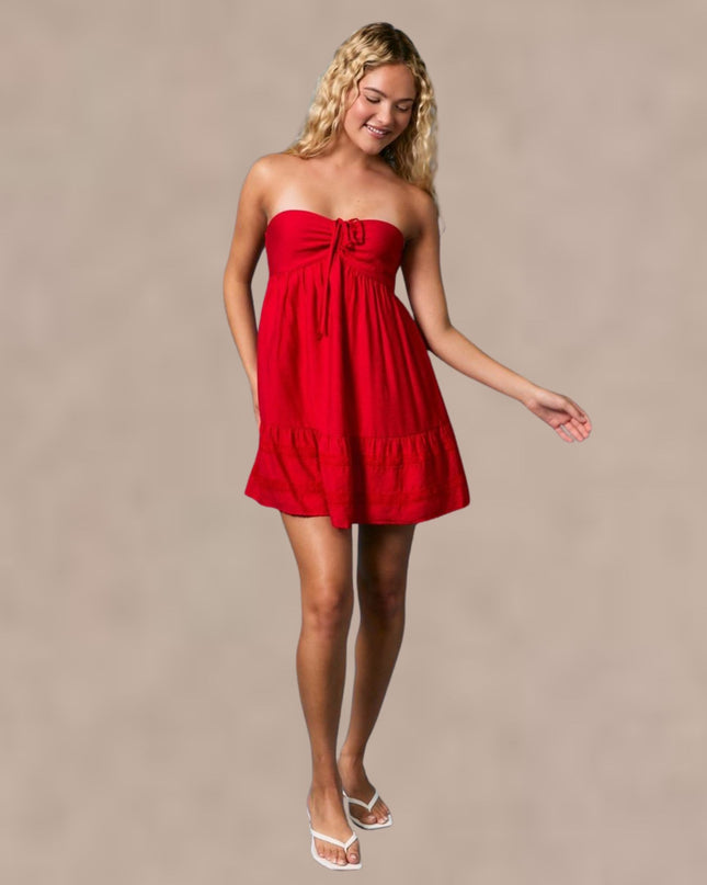 Lace Trim Strapless Babydoll Mini Dress