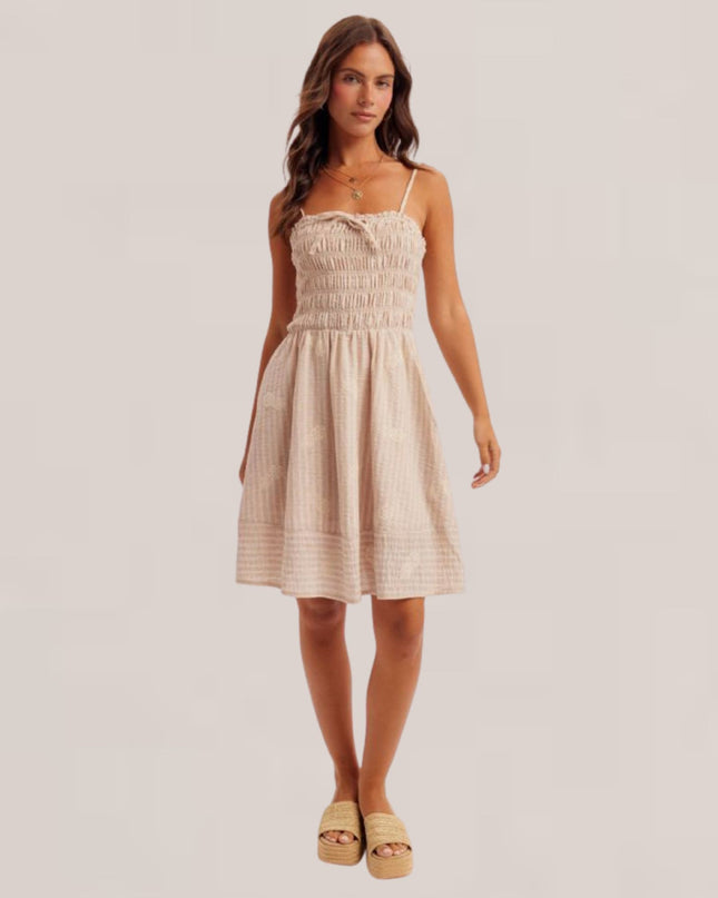 Smocked Striped Pineapple Embroidered Spaghetti Strap Mini Dress