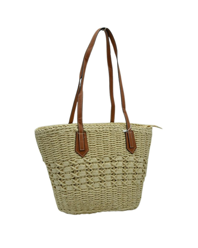 Contrast Straw Detail Vegan Leather Strap Straw Shoulder Bag
