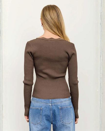 Square Neck Lace Trim Ribbed Sweater