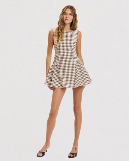 Checkered Print Boat Neck Sleeveless Mini Dress