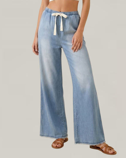 Wide Leg Elastic Tie Waist Denim Pants