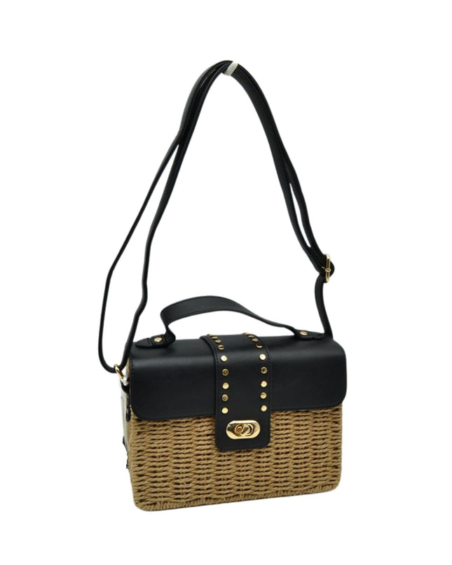 Boxy Straw Vegan Leather Detail Shoulder Bag