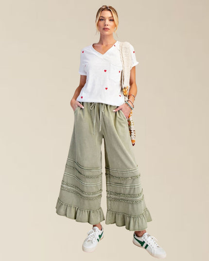 Tiered Ruffle Hem Elastic Drawstring Waist Wide Leg Pants