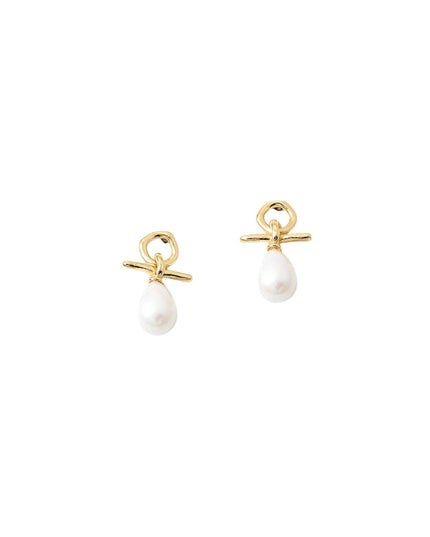 Metal Circle Bar Knot Teardrop Pearl Stud Earrings