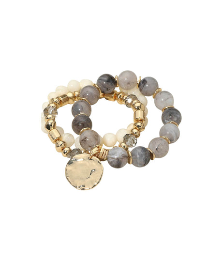 Hammered Metal Disc Charm Beaded Stretch Layered 3 Bracelet Set