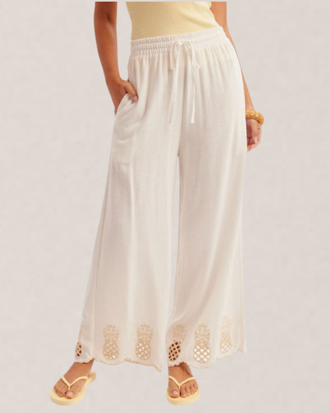 Pineapple Embroidery Elastic Waist Culottes Pants
