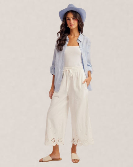 Embroidered Elastic High Waist Culotte Pants