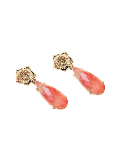 Gold Metal Flower Long Crystal Teardrop Earrings