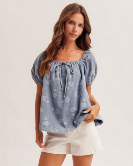 Floral Print Bubble Short Sleeve Denim Tunic Top