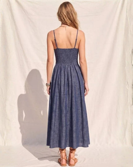V Neck Cinch Waist Tie Front Spaghetti Straps Denim Maxi Dress