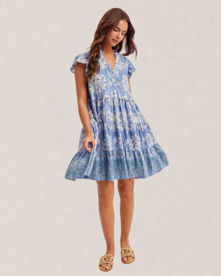Floral Printed Ruffle Cap Sleeve Mini Dress