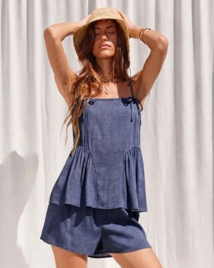 Square Neck Smocked Back Tie Detail Spaghetti Strap Denim Top