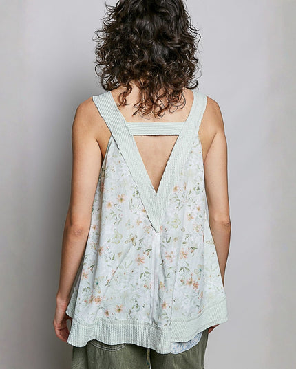 Printed Ribbed V Neck Sleeveless Top