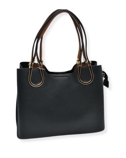 Structured Black & Gold Detailed Handle Handbag