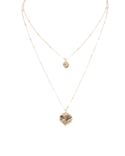Textured Heart Square Pendant Spaced Ball Bead Chain Double Layered Necklace