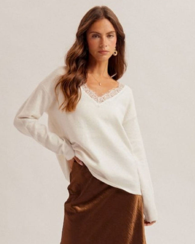 Lace Trim V Neck Sweater