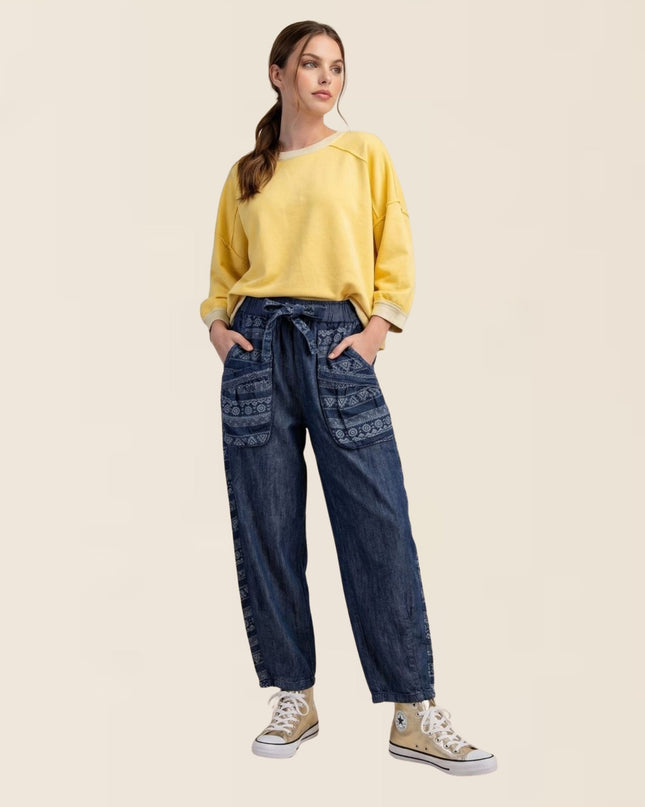 Tribal Pattern Patch Pockets Side Panel Elastic Tie Waist Denim Barrel Pants