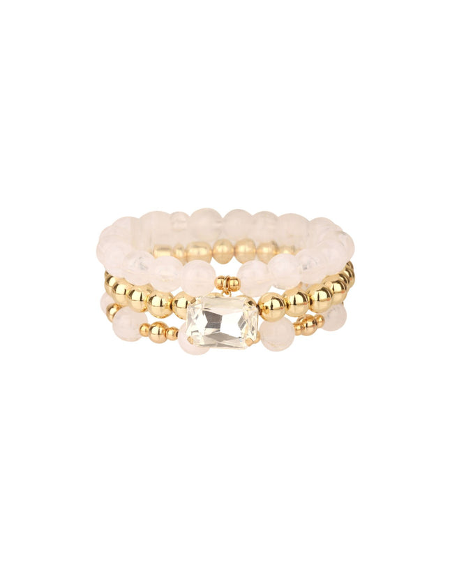 Center Crystal Marble Bead Gold Ball Beaded Stretchable 3 Bracelet Set