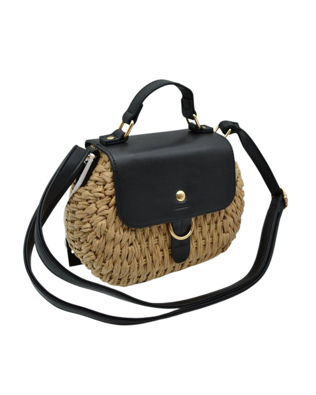 Woven & Leather Mix Snap Button Bag