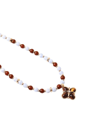 Tigers Eye Clover Pendant Resin Beaded Gold Metal Ball Bead Necklace