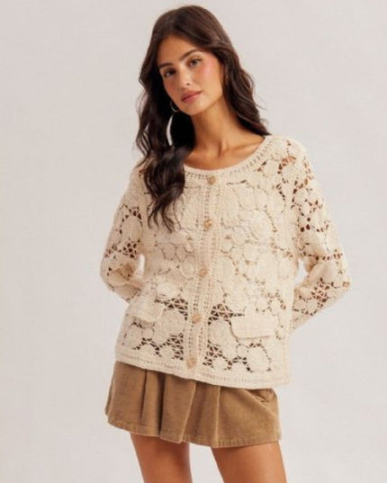 Open Crochet Button Down Cardigan Sweater