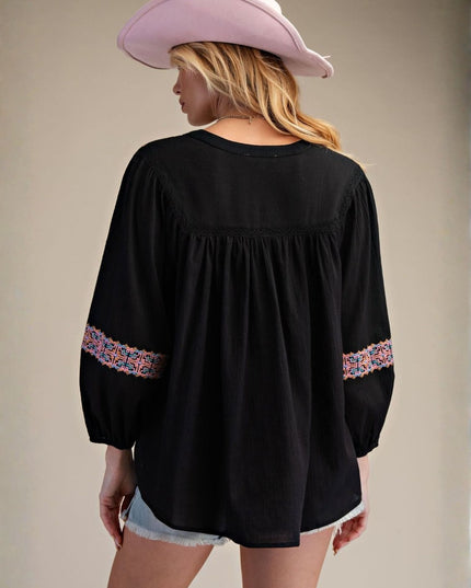 Embroidered Long Sleeve Gauze Baby Doll Top