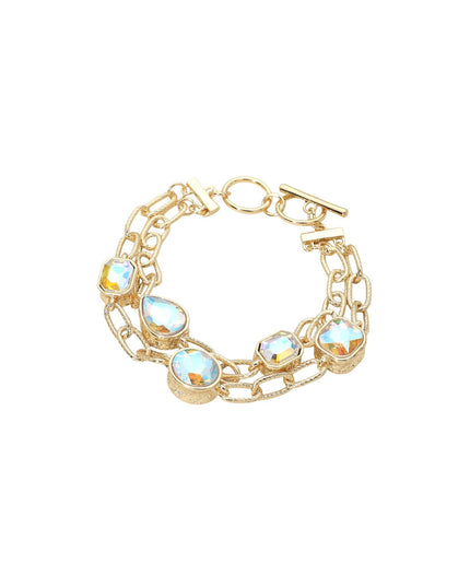 Shaped Bezel Crystals Double Gold Chain Link Toggle Bracelet