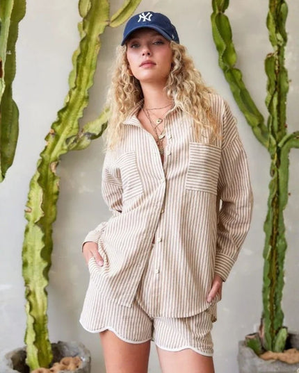 Pocket Front Striped Long Sleeve Button Down Top