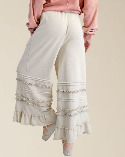Tiered Ruffle Hem Elastic Drawstring Waist Wide Leg Pants