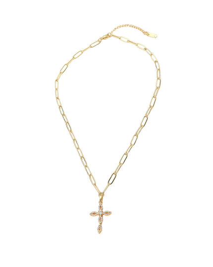CZ Cross Pendant Paperclip Chain Necklace