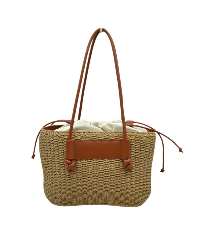 Rectangle Straw Cinch Cloth Interior Vegan Leather Strap Shoulder Bag