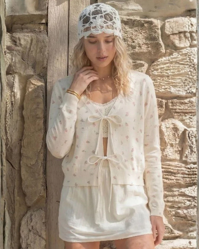 Tie Front Printed Cardigan Sweater