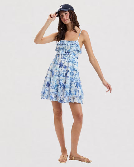 Palm Tree Print Back Cut Out Double Layered Mini Dress