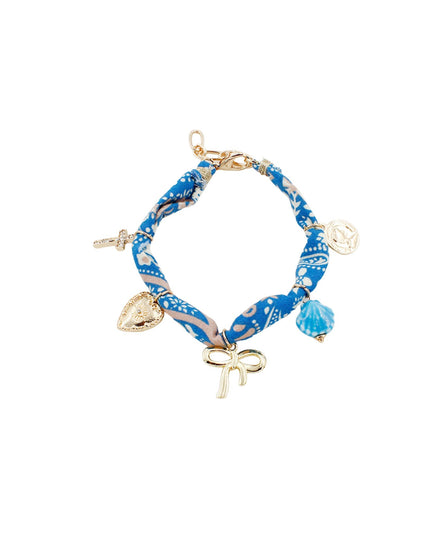 Blue Fabric Cowboy Boot Cross Heart Charm Station Bracelet