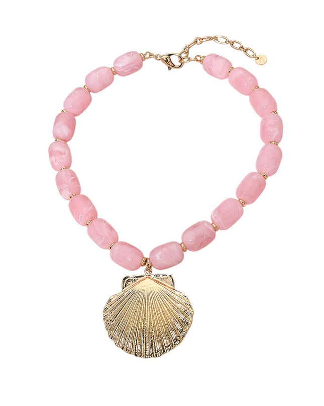 Textured Seashell Pendant Resin Pebble Bead Gold Metal Necklace