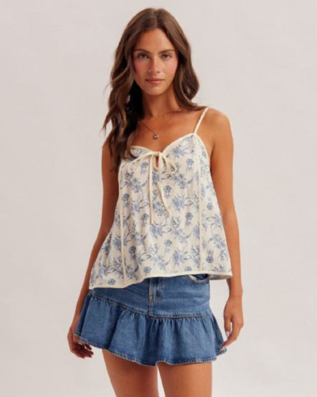 Floral Print Sweetheart Neckline Tie Front Cami Top