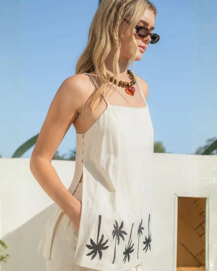 Palm Tree Border Side Button Spaghetti Strap Top