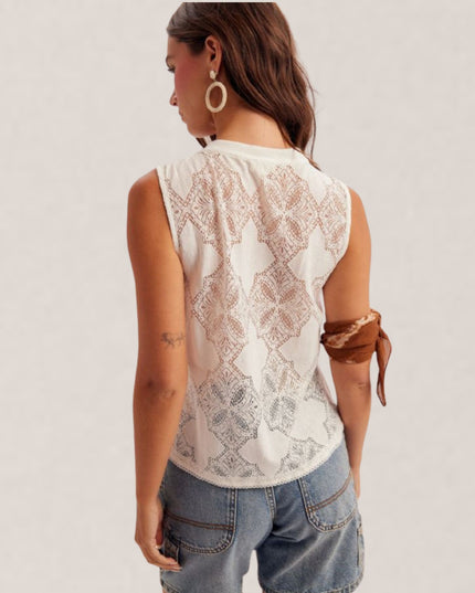 Lace Button Down Sleeveless Top