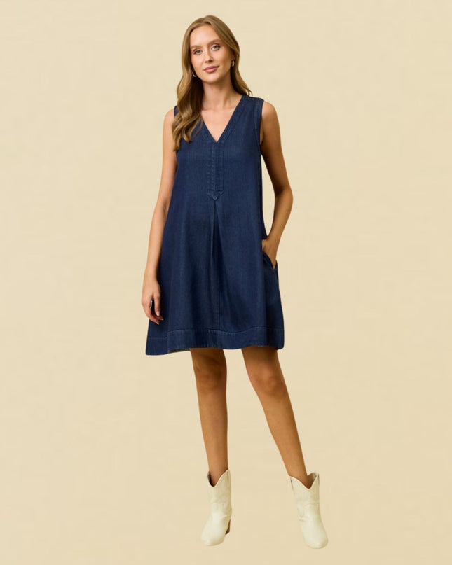 Sleeveless V Neck A Line Denim Mini Dress