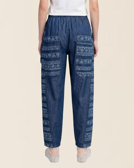 Tribal Pattern Patch Pockets Side Panel Elastic Tie Waist Denim Barrel Pants