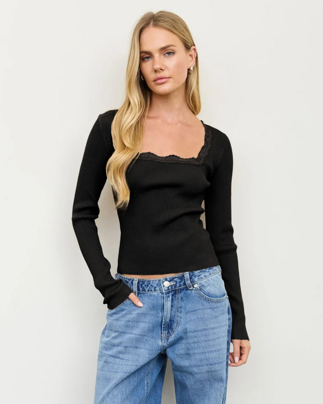 Square Neck Lace Trim Ribbed Sweater