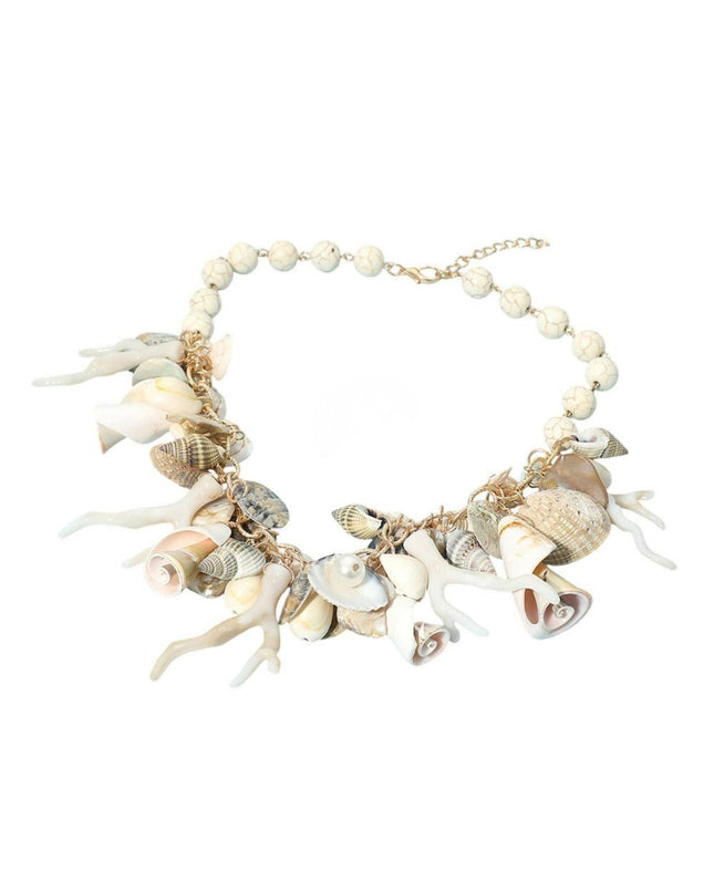Bold Coral Shell Charm Beaded Pearl Gold Metal Necklace