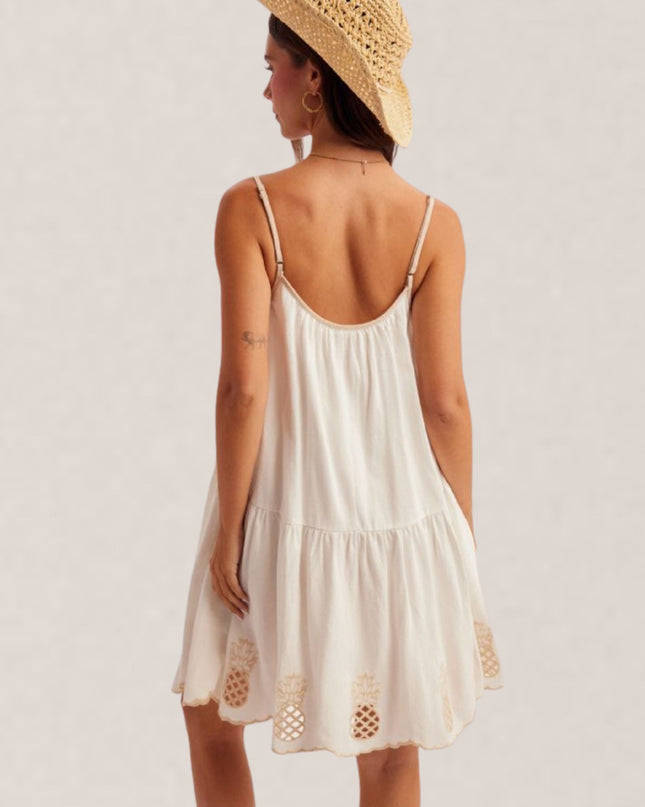 Embroidered Pineapple Tie Front V Neck Keyhole Sleeveless A-line Mini Dress
