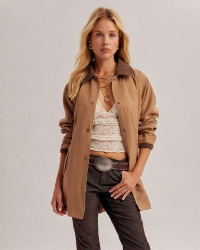 Collared Front Button Tie Waist Jacket