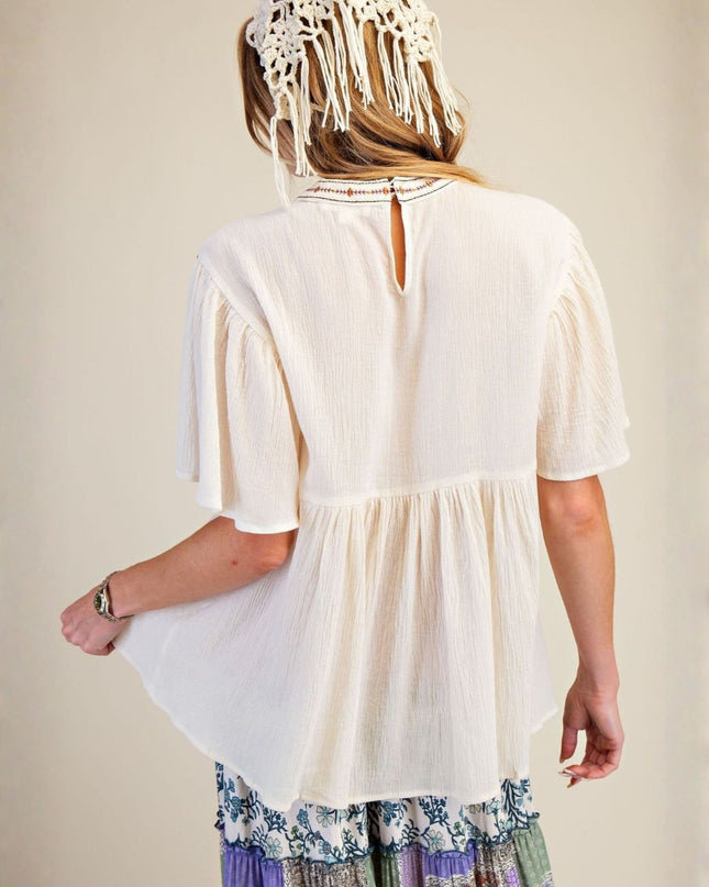 Wing Sleeve Embroidery Gauze Baby Doll Tunic Top