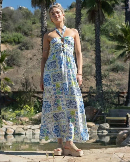 Block Floral Print Halter Smocked Back Front Cut Out Maxi Dress