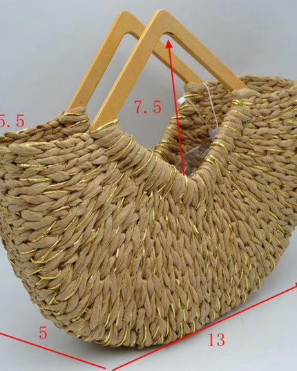 Large Straw Wood Point Handle Tote