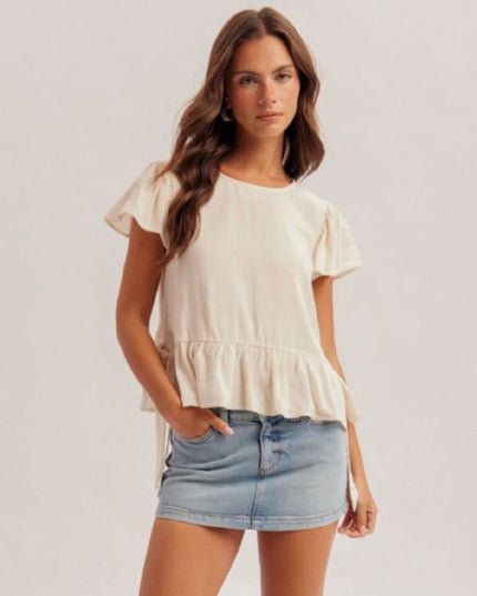 Scoop Neck Flutter Short Sleeve Side Slit Ribbon Tie Detail Top