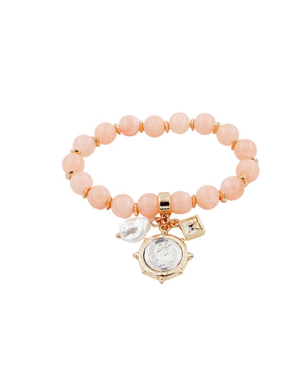 Disc Cubic Crystal Pearl Charm Resin Gold Metal Beaded Bracelet